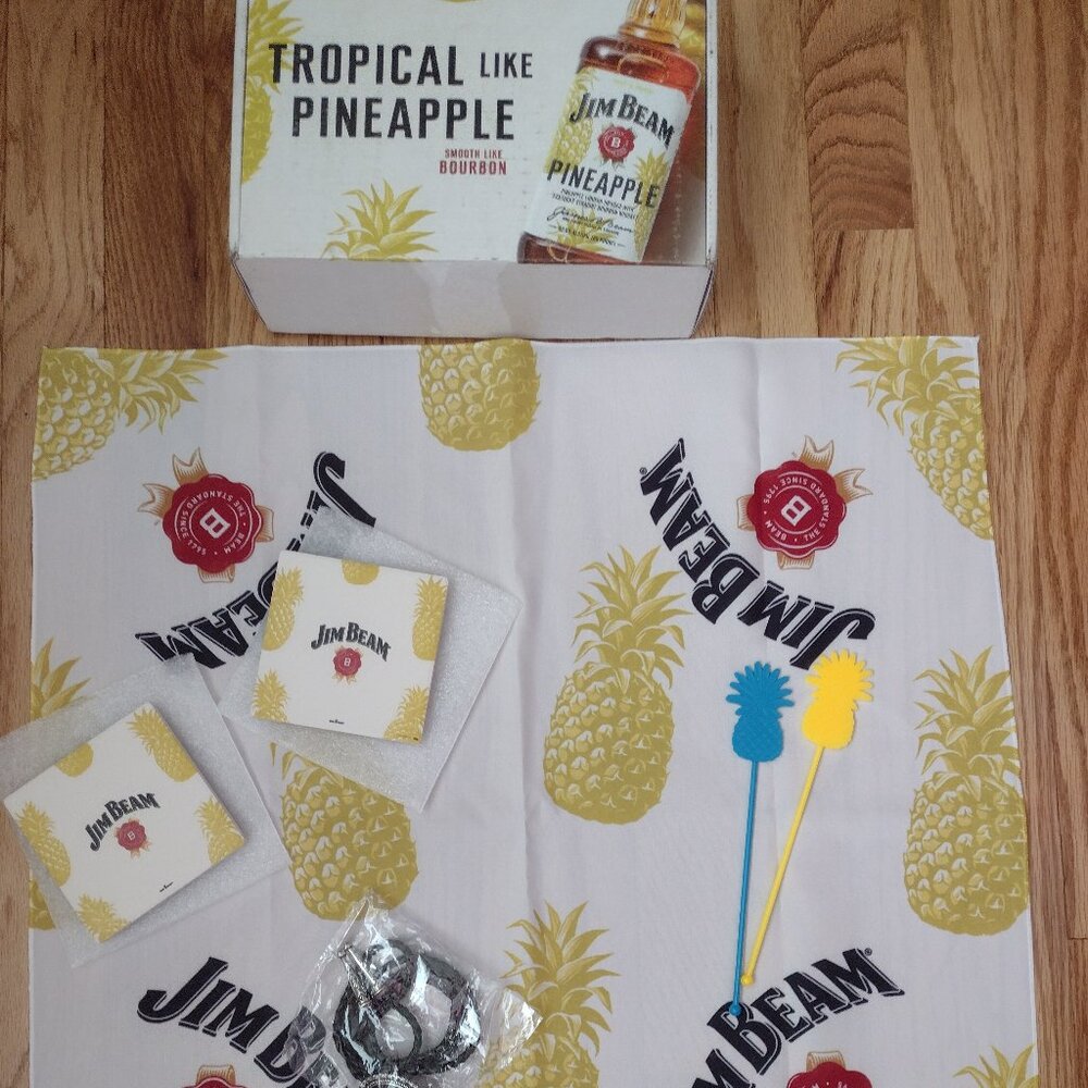 NIB Jim Beam Fun Box with Towel, 2 Coaster, Stirrers, and Bolo Tie